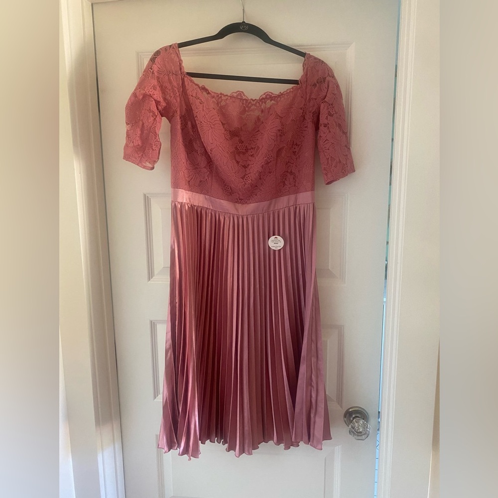 Chi Chi London Dress - Lace off the shoulder; Half Sleeve; Knee Length; Pleated